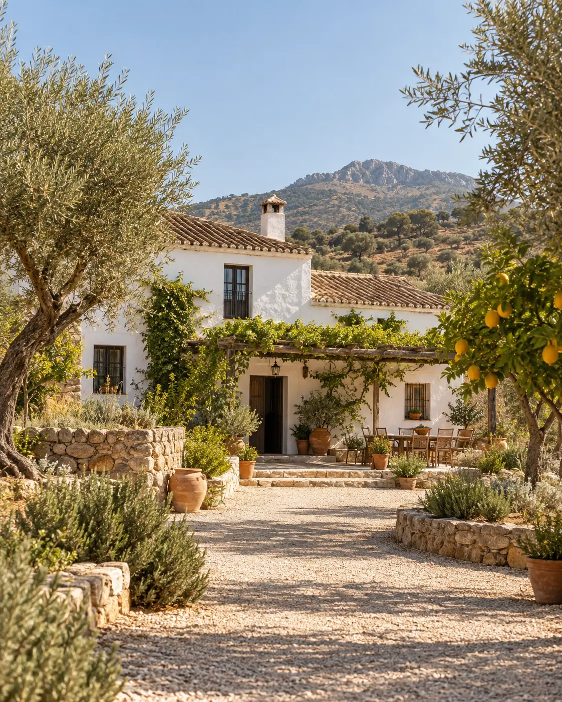 Cortijo andaluz de interior entre olivos y paisaje mediterráneo