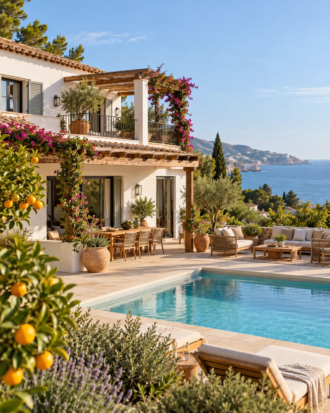Villa costera con terraza, vegetación y piscina frente al mar en Andalucía