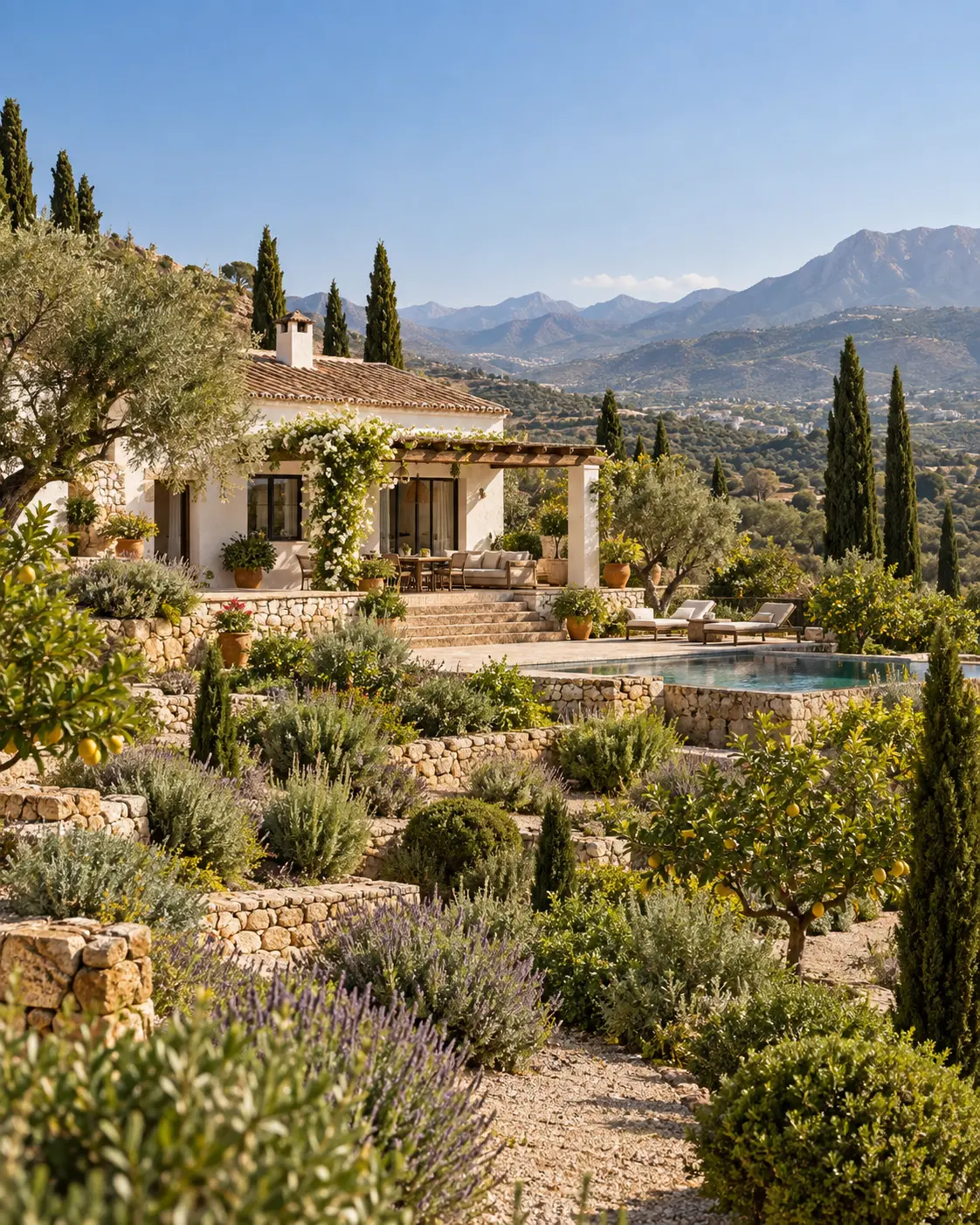 Propiedad andaluza en el monte con jardín mediterráneo y vistas abiertas a la montaña
