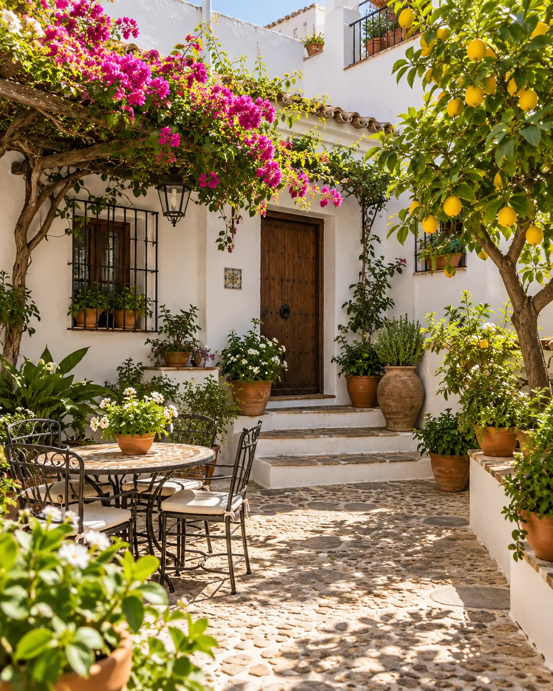 Casa blanca de pueblo andaluz con patio, buganvilla y limonero