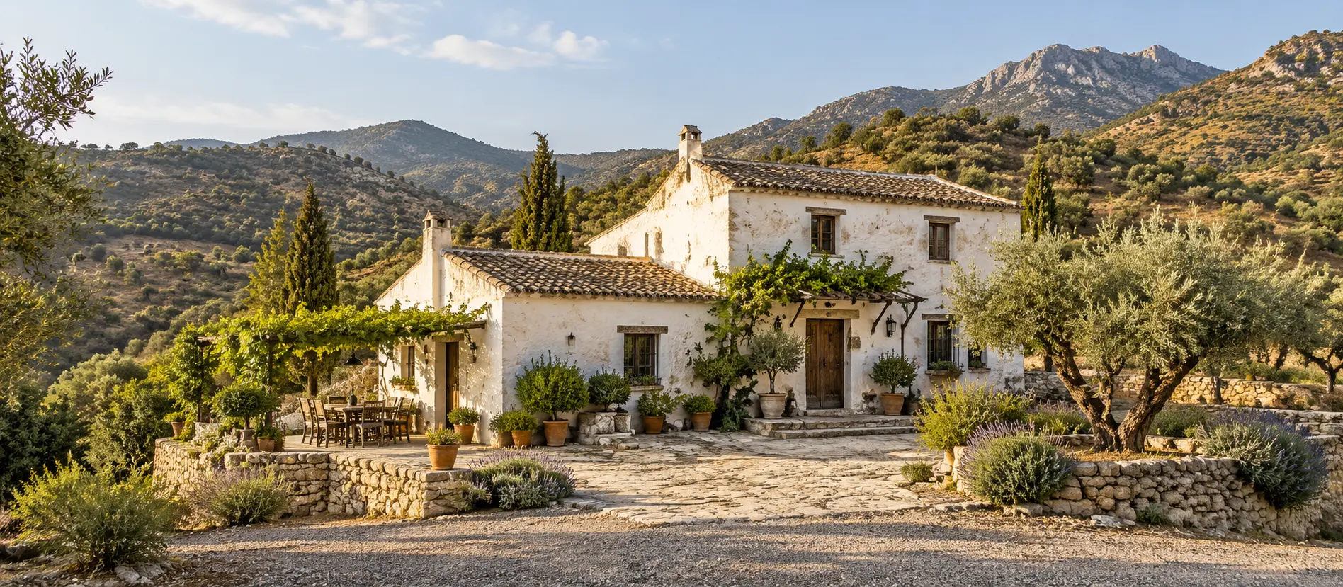 Antiguo cortijo andaluz de monte formado por varias casas unidas entre olivos y paisaje mediterráneo