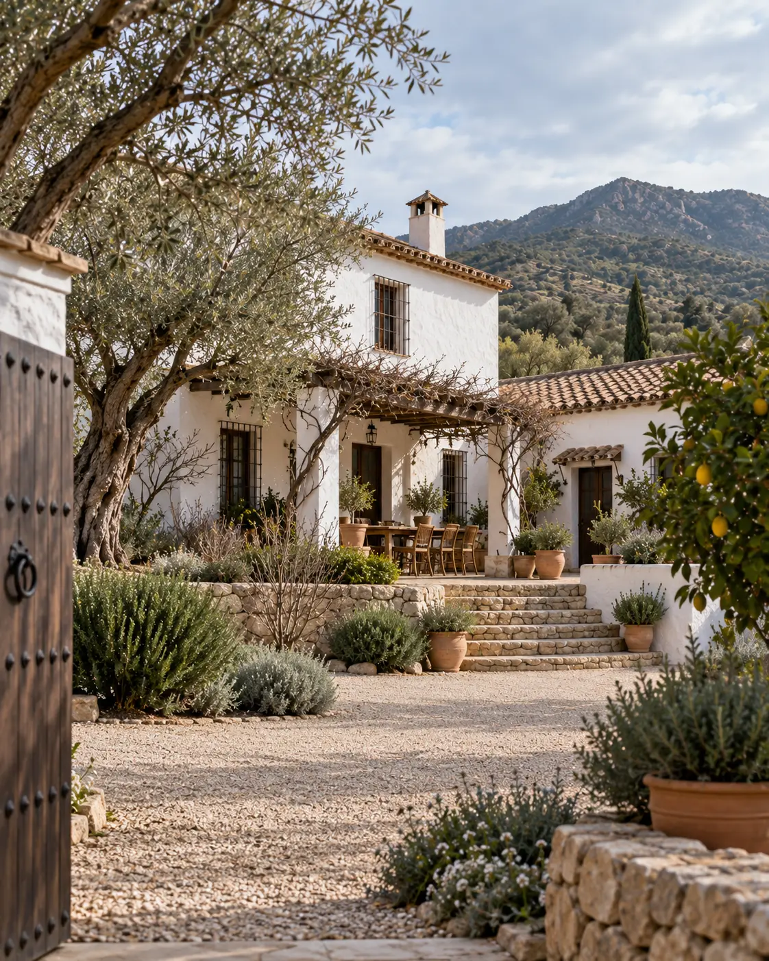 Cortijo andaluz en invierno con jardín mediterráneo y vegetación en reposo