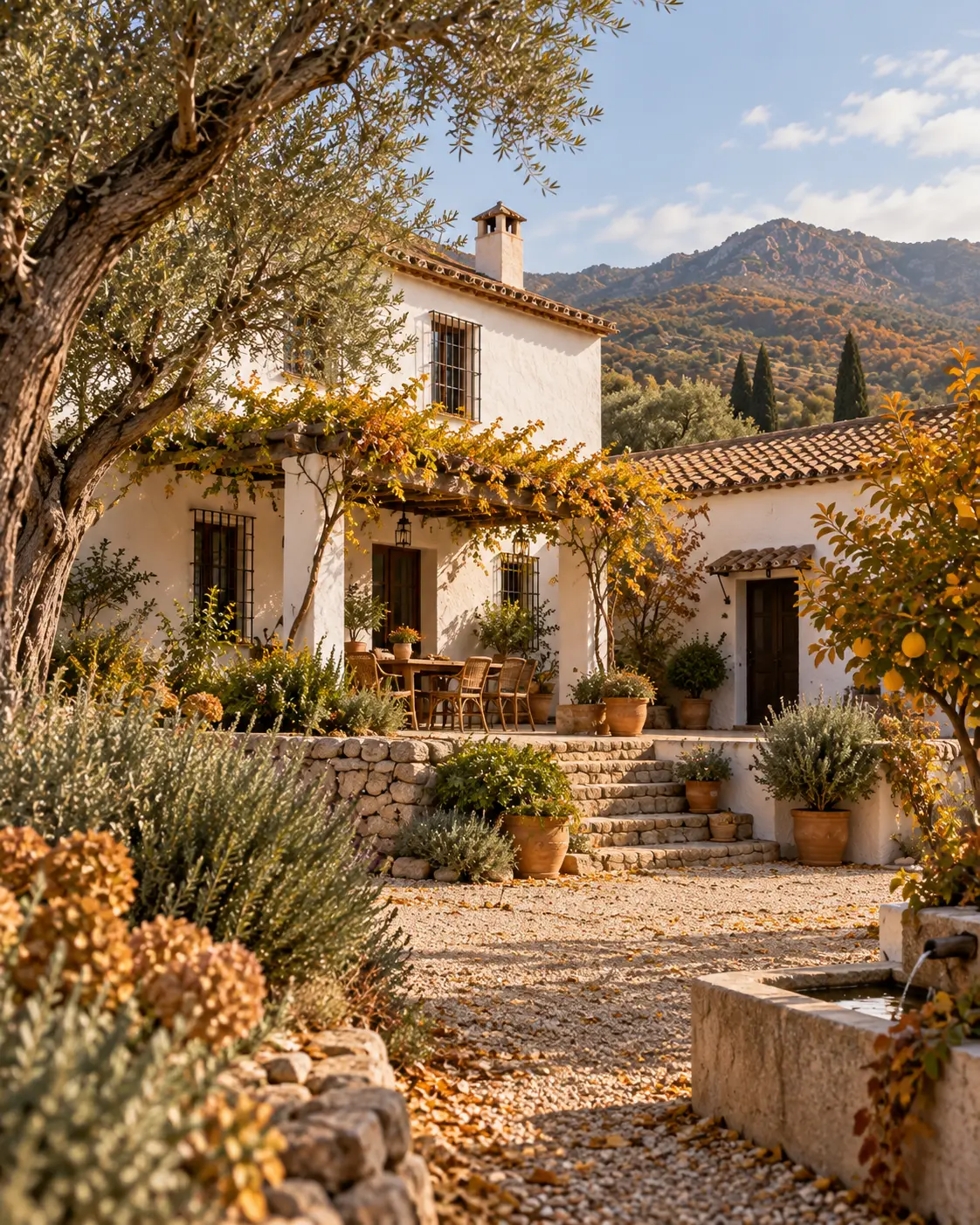 Cortijo andaluz en otoño con vegetación mediterránea y tonos cálidos