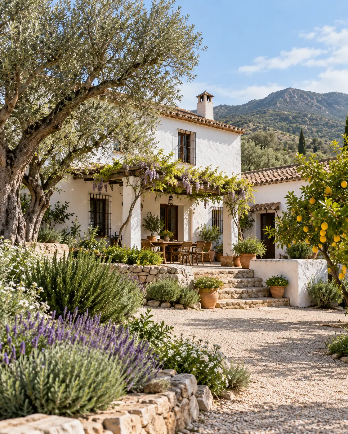 Cortijo andaluz en primavera con jardín mediterráneo, olivos y vegetación en crecimiento