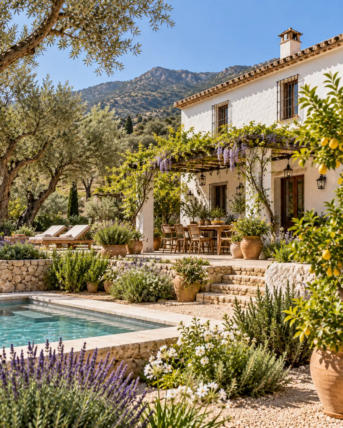 Cortijo andaluz en verano con piscina, terraza, sombra y jardín mediterráneo