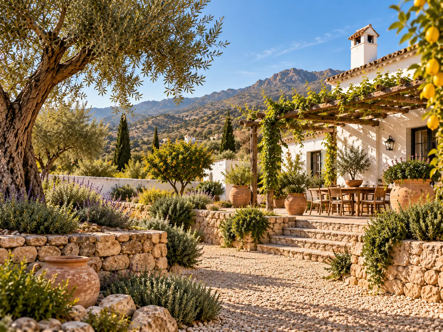 Cortijo andaluz cuidado con jardín mediterráneo, frutales y pérgola