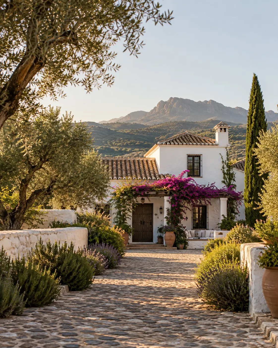 Cortijo andaluz rodeado de vegetación y paisaje mediterráneo