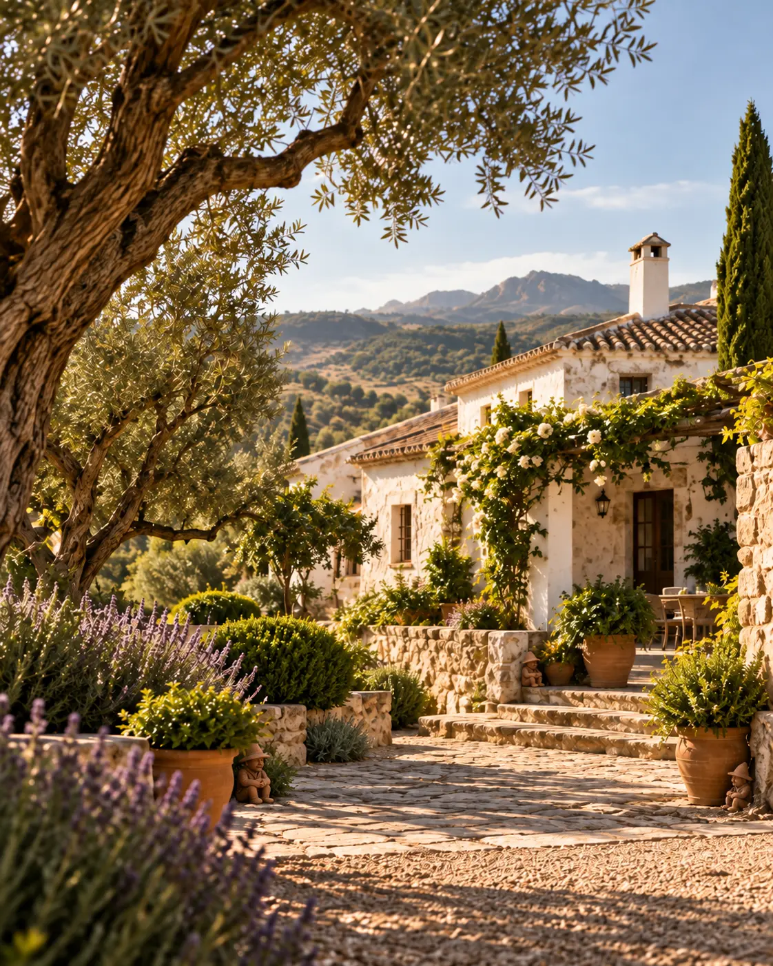 Cortijo andaluz con pequeños guardianes decorativos entre el jardín y la piedra
