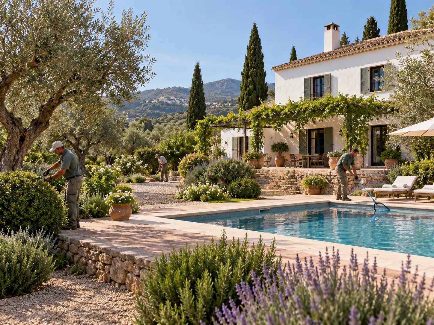 Equipo de Los Martinicos trabajando en el jardín y la piscina de un cortijo andaluz