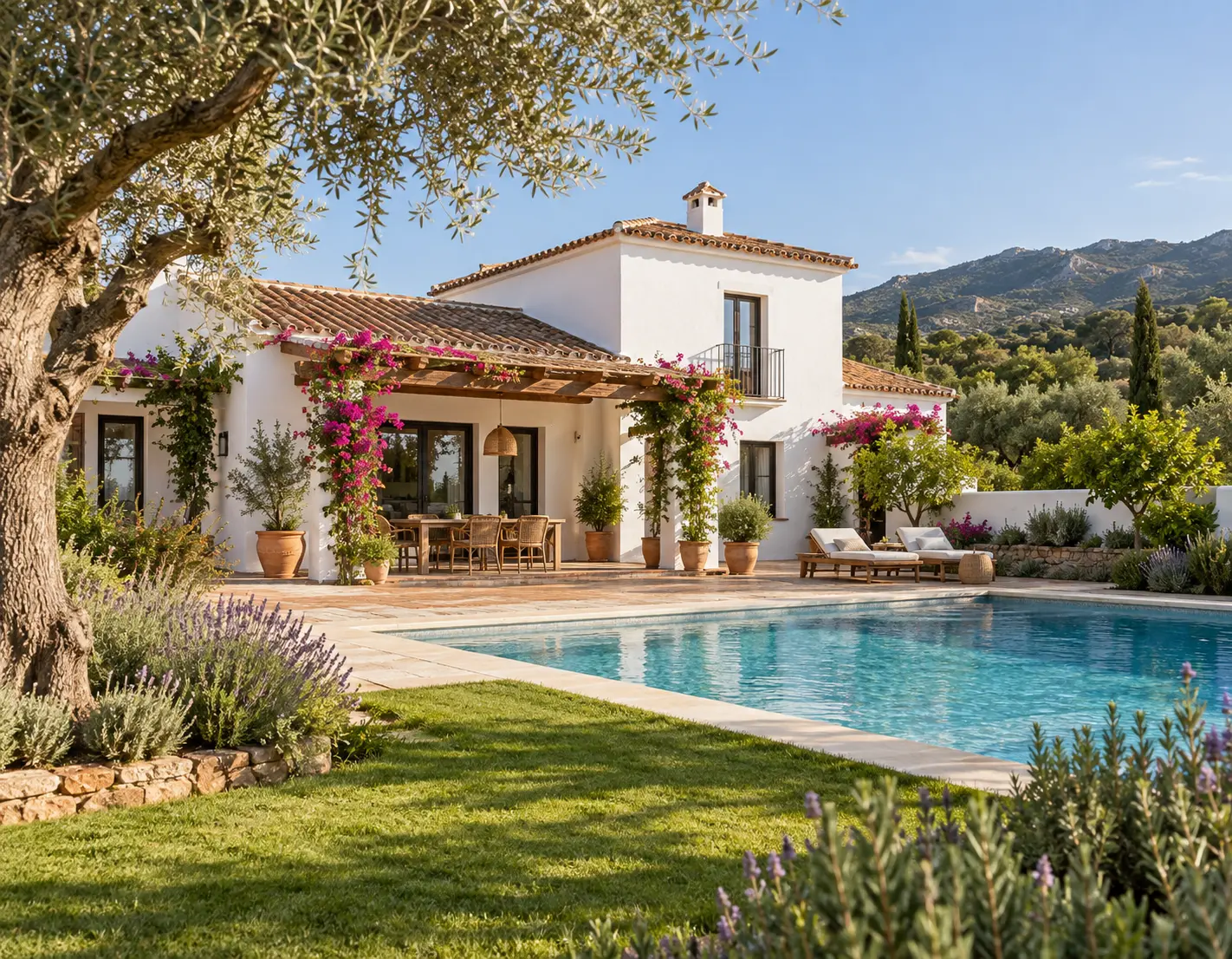 Villa andaluza con jardín mediterráneo, piscina y exteriores cuidados