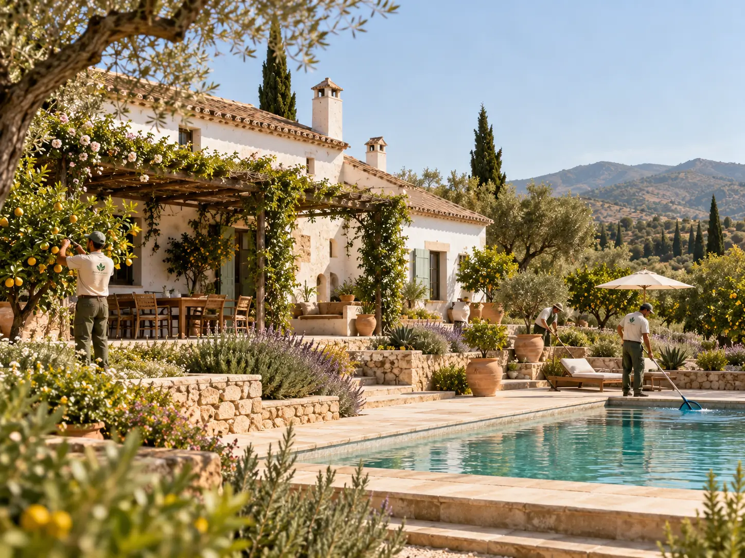 Exterior de cortijo andaluz mejorado con jardín mediterráneo, frutales y pérgola