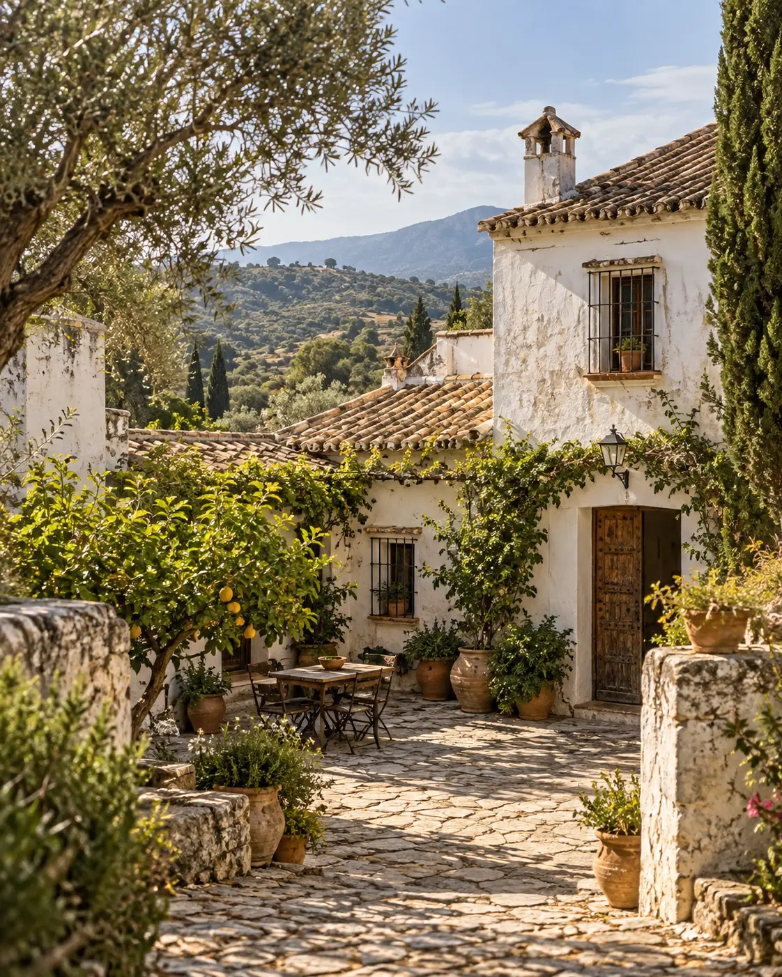 Propiedad andaluza con patio de piedra, olivos, limonero y elementos originales bien conservados