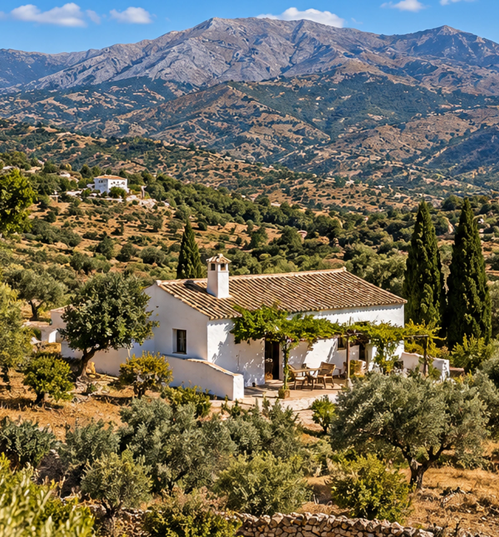 Cortijo blanco entre olivares y montañas del interior de la Axarquía, Málaga