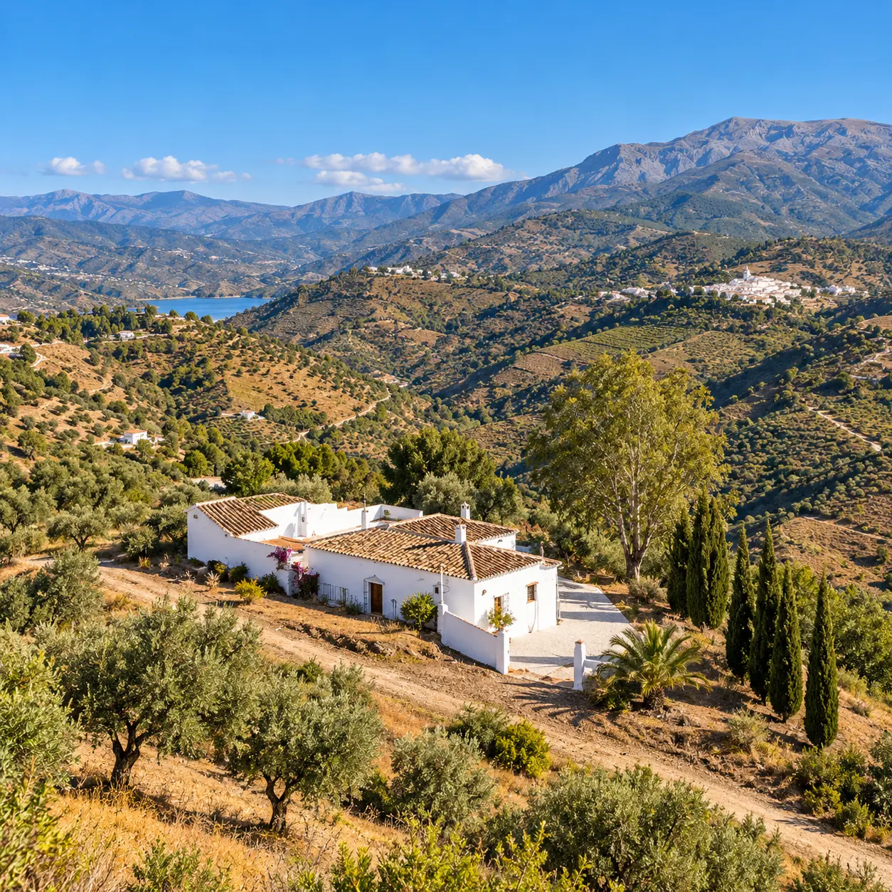 Casa blanca con jardín y piscina con vistas al Mediterráneo desde las colinas de la Axarquía