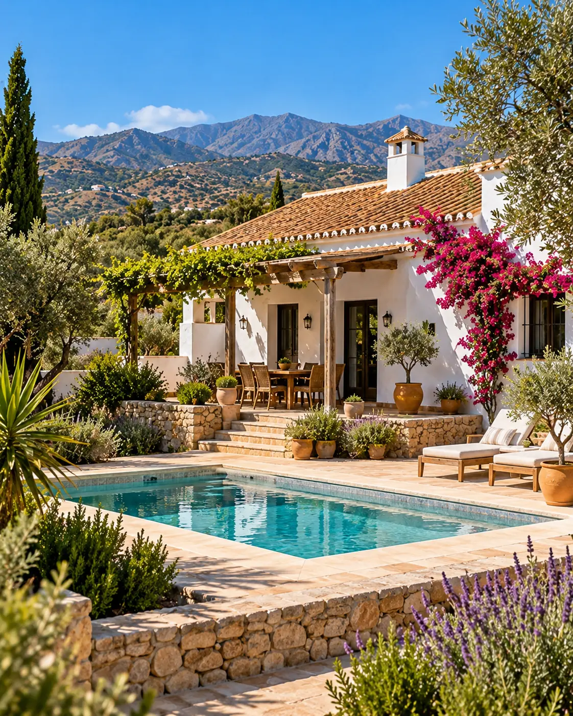 Cortijo andaluz con piscina, terraza y jardín mediterráneo en la Axarquía