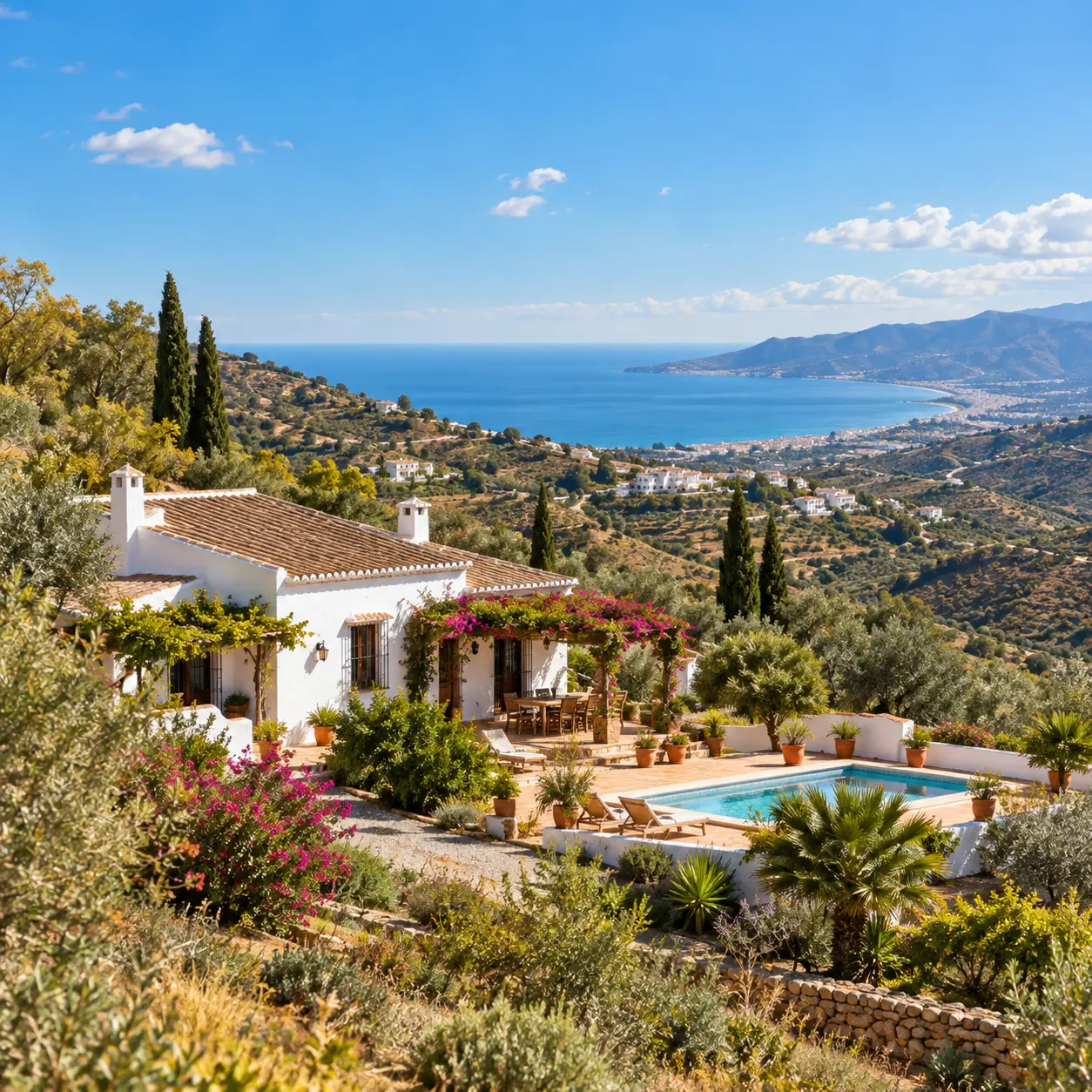 Cortijo blanco entre olivos y montañas del interior de la Axarquía, Málaga