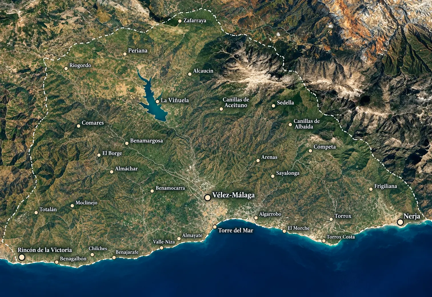 Mapa de la zona de servicio de Los Martinicos en la Axarquía, con localidades de costa e interior