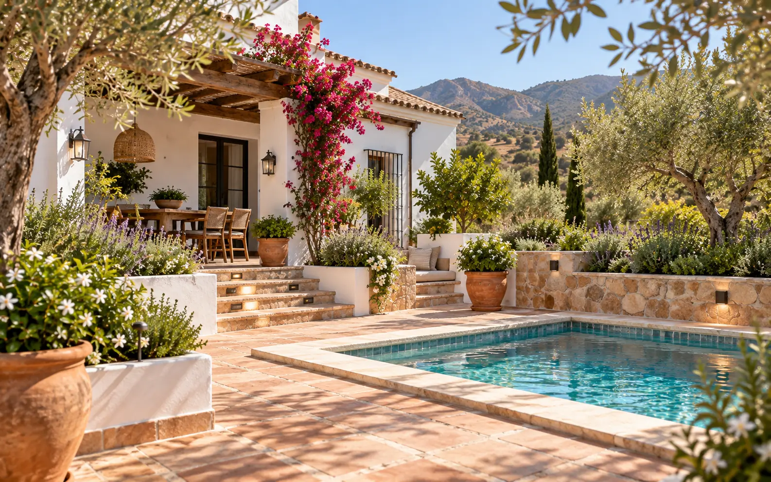Jardín mediterráneo renovado con piscina, terraza y mejoras exteriores en la Axarquía
