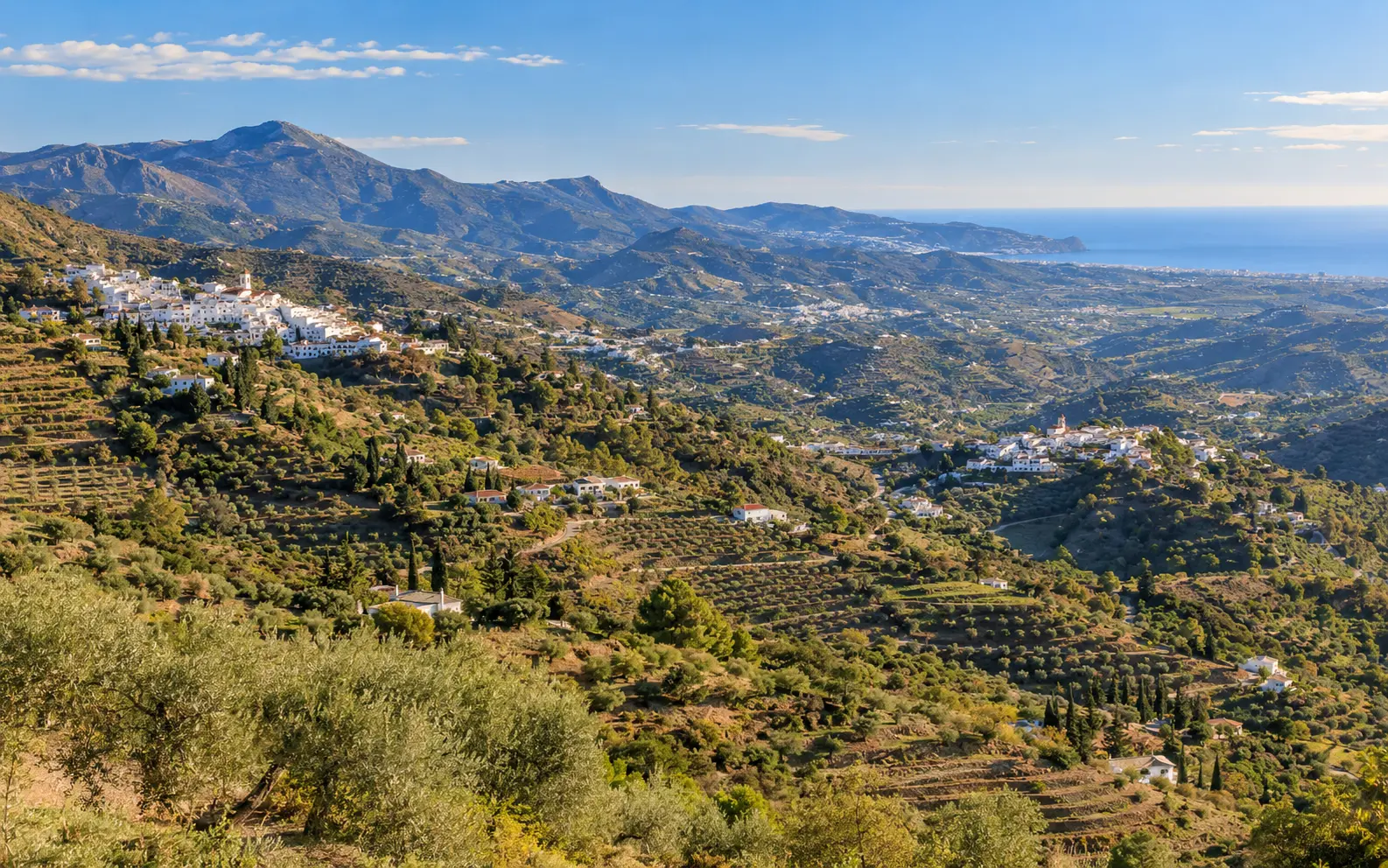 Paisaje panorámico de la Axarquía con pueblos blancos, montañas, olivares y costa mediterránea