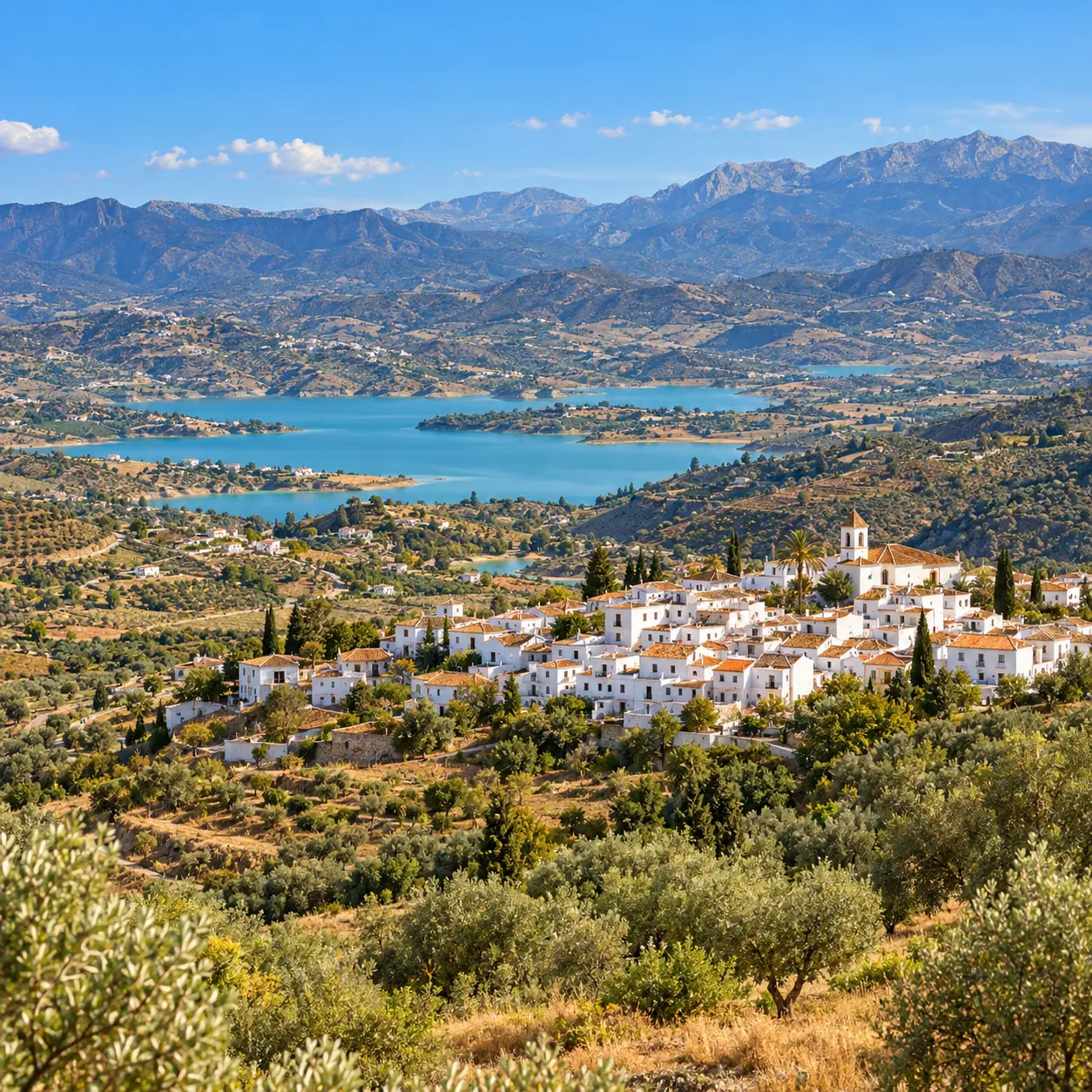 Pueblo blanco entre olivares con vistas al embalse de La Viñuela y las montañas de la Axarquía