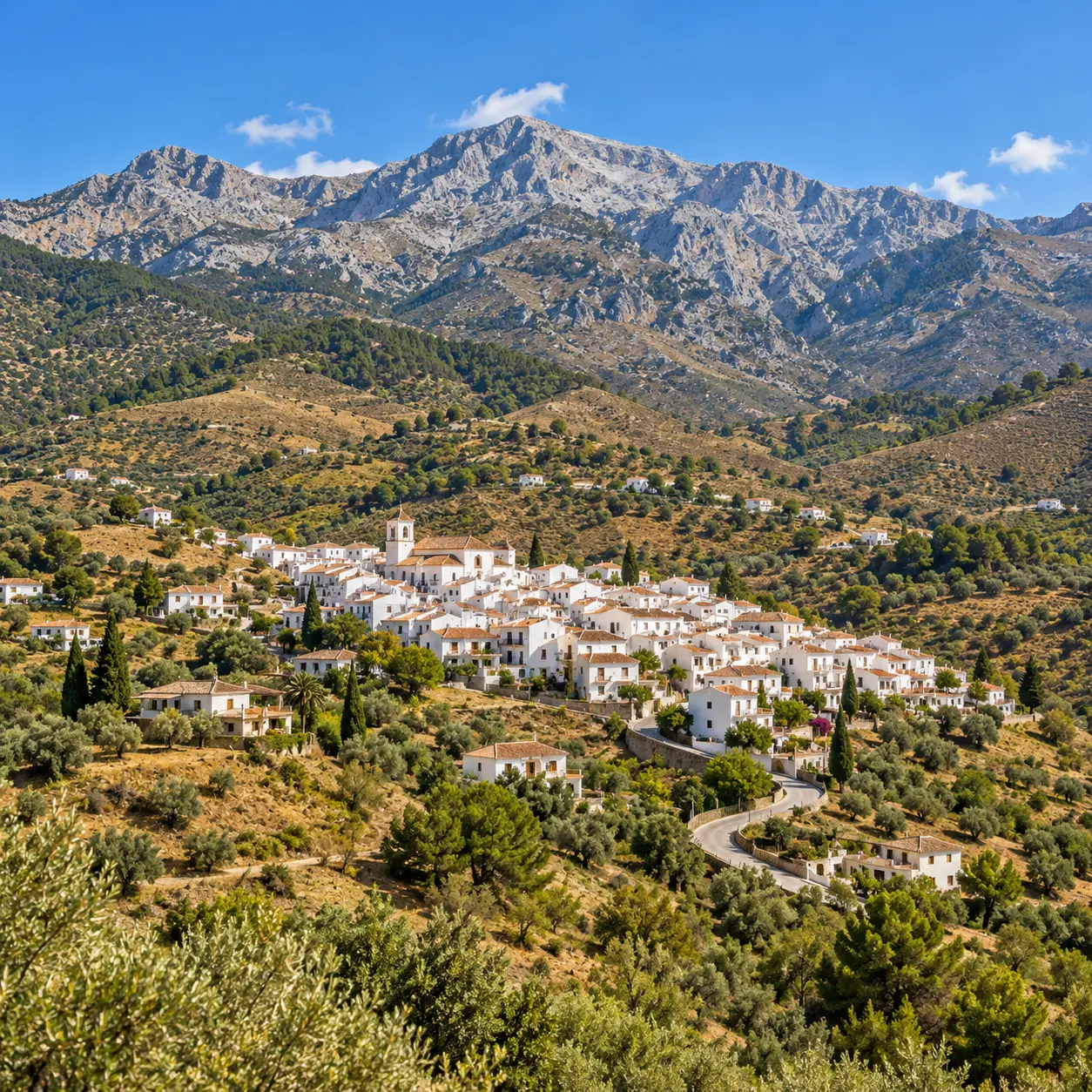 Pueblo blanco de la Axarquía situado entre olivares y montañas de Málaga oriental